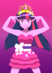 Size: 2894x4093 | Tagged: safe, artist:haibaratomoe, imported from derpibooru, twilight sparkle, human, equestria girls, equestria girls (movie), anime reference, bare shoulders, big crown thingy, cutie mark eyes, element of magic, fall formal outfits, gradient background, jewelry, looking at you, oshi no ko, regalia, sleeveless, solo, starry eyes, strapless, tongue out, wingding eyes