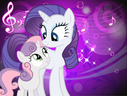 Size: 800x600 | Tagged: safe, artist:loobie1998, imported from derpibooru, rarity, sweetie belle, pony, unicorn, duo, duo female, female, filly, foal, looking at each other, looking at someone, mare, needs more jpeg, sibling love, siblings, sisters, wallpaper