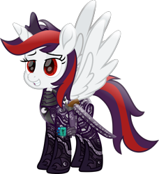 Size: 5808x6371 | Tagged: safe, artist:lincolnbrewsterfan, artist:vector-brony, imported from derpibooru, oc, oc only, oc:blackjack, alicorn, cyborg, pony, unicorn, fallout equestria, fallout equestria: project horizons, .svg available, 2019, 2023, absurd resolution, armor, artificial alicorn, colored pupils, cyber eyes, cyber legs, cybernetic legs, cyberpunk, delta pipbuck, eclipse, fanfic art, feathered wings, female, grin, happy, highlights, iconian armor, iconium, level 5 (iconium) (project horizons), lidded eyes, looking at something, looking forward, lunar eclipse, mare, moonlight eclipse (project horizons), movie accurate, rapier, redesign, redraw, remastered, show moviefied, simple background, smiling, solo, spread wings, standing, svg, sword, transparent background, upgrade, vector, weapon, wings