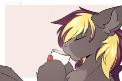 Size: 1800x1200 | Tagged: safe, artist:snowstormbat, imported from derpibooru, oc, oc:arden heatwave, bat pony, pony, drinking, eyes closed, fluffy, male, simple background, sitting, solo, stallion