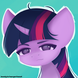 Size: 2000x2000 | Tagged: safe, artist:margaritaenot, imported from derpibooru, twilight sparkle, pony, unicorn, blue background, bust, curved horn, horn, portrait, simple background, solo, tired