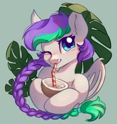 Size: 2778x2948 | Tagged: safe, artist:melodylibris, imported from derpibooru, oc, oc only, oc:lony, bat pony, pony, bat pony oc, blushing, braid, coconut cup, cute, drinking, drinking straw, female, green background, hoof hold, leaf, looking at you, mare, ocbetes, simple background, smiling, smiling at you, solo