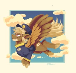 Size: 1080x1045 | Tagged: safe, artist:bluueflame, imported from derpibooru, pegasus, pony, clothes, cloud, determined look, female, flying, forced meme, hat, mare, name tag, open mouth, red eyes, shitfuck meme, signature, sky, spread wings, swift reply, uniform, vulgar, wings