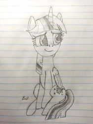 Size: 2448x3264 | Tagged: safe, artist:dust, derpibooru exclusive, imported from derpibooru, twilight sparkle, alicorn, pony, female, lined paper, mare, pencil drawing, sitting, smiling, solo, traditional art, twilight sparkle (alicorn)