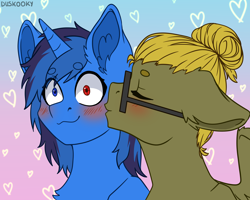 Size: 2700x2160 | Tagged: safe, artist:duskooky, artist:kooky, imported from derpibooru, oc, oc only, oc:bluethecake, oc:donnik, pegasus, pony, unicorn, blushing, gradient background, kissing, surprise kiss, surprised