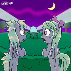 Size: 2000x2000 | Tagged: safe, artist:gradiusfanatic, imported from derpibooru, cloudchaser, flitter, pegasus, pony, female, ufo