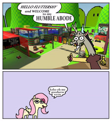 Size: 2382x2598 | Tagged: safe, artist:punkittdev, imported from derpibooru, discord, fluttershy, pegasus, pony, comic, dialogue, duo, duo male and female, female, male, mare, mario kart, mixed media, speech bubble, team fortress 2, team fortress map