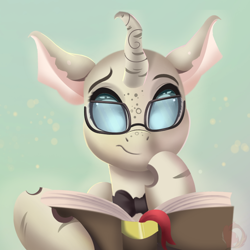 Size: 1000x1000 | Tagged: safe, artist:joaothejohn, imported from derpibooru, oc, oc:tree, changeling, pony, book, bowtie, buggo, bust, changeling oc, commission, horn, looking down, male, portrait, reading, simple background, solo