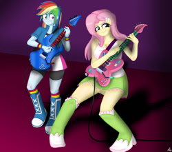 Size: 1280x1134 | Tagged: safe, artist:lennondash, imported from derpibooru, fluttershy, rainbow dash, human, equestria girls, boots, breasts, busty fluttershy, cleavage, clothes, duo, duo female, electric guitar, female, grin, guitar, guitar pick, looking at someone, musical instrument, shadow, shoes, simple background, skirt, smiling, surprised, tanktop, wide eyes