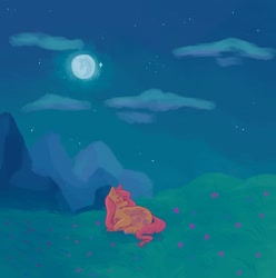 Size: 1440x1452 | Tagged: safe, artist:ariariari.png, imported from derpibooru, fluttershy, pegasus, pony, eyes closed, grass, grass field, lying down, lying in grass, mare in the moon, moon, mountain, mountain range, night, solo