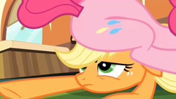 Size: 1472x828 | Tagged: safe, imported from derpibooru, screencap, applejack, pinkie pie, earth pony, pony, games ponies play, applejack is not amused, balloonbutt, butt, friendship express, locomotive, plot, sitting on head, sitting on person, sitting on pony, steam locomotive, train, unamused