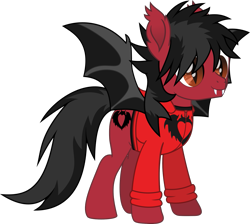 Size: 1329x1189 | Tagged: safe, artist:lightningbolt, derpibooru exclusive, imported from derpibooru, bat pony, pony, .svg available, bat wings, clandestine industries, clothes, colored pupils, ear fluff, emo, fall out boy, fangs, hair over one eye, hood, hoodie, male, movie accurate, pete wentz, ponified, shirt, simple background, slit pupils, smiling, solo, spread wings, stallion, standing, svg, transparent background, undershirt, vector, wings