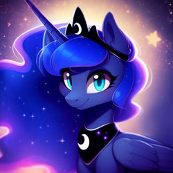 Size: 640x640 | Tagged: safe, derpibooru exclusive, editor:nightluna, imported from derpibooru, princess luna, alicorn, pony, ai content, ai generated, crown, ear fluff, eyelashes, female, generator:purplesmart.ai, generator:stable diffusion, jewelry, looking at you, mare, prompter:nightluna, regalia, smiling, smiling at you, solo, stars