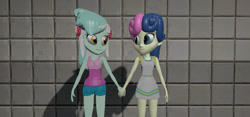 Size: 1280x600 | Tagged: safe, artist:th3m4nw1thn0n4m3, imported from derpibooru, bon bon, lyra heartstrings, sweetie drops, human, equestria girls, 3d, clothes, female, holding hands, lesbian, looking at each other, looking at someone, lyrabon, shipping, source filmmaker