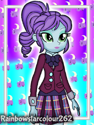 Size: 768x1024 | Tagged: safe, artist:rainbowstarcolour262, imported from derpibooru, part of a set, crystal lullaby, human, series:equ wallpapers, equestria girls, friendship games, abstract background, background human, bowtie, clothes, crystal prep academy uniform, crystal prep shadowbolts, cutie mark background, female, lipstick, part of a series, plaid skirt, pleated skirt, ponytail, school uniform, shirt, signature, skirt, solo