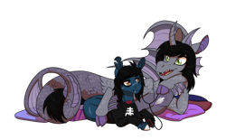 Size: 1900x1181 | Tagged: safe, alternate version, artist:inuhoshi-to-darkpen, imported from derpibooru, earth pony, pony, siren, undead, zombie, zombie pony, bone, bring me the horizon, clothes, cloven hooves, commission, curved horn, duo, duo male, earbuds, fangs, fins, fish tail, gay, happy, horn, intertwined tails, kellin quinn, lip piercing, listening to music, long sleeves, looking at each other, looking at someone, lying down, male, mp3 player, oliver sykes, open mouth, piercing, pillow, ponified, prone, scales, scar, sharing headphones, shipping, simple background, sleeping with sirens, slit pupils, smiling, stitches, tail, tattoo, torn ear, transparent background, window