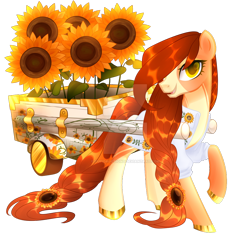 Size: 900x857 | Tagged: safe, artist:cupidauctions, imported from derpibooru, oc, oc only, earth pony, pony, braid, braided tail, cart, female, flower, mare, simple background, solo, sunflower, tail, transparent background