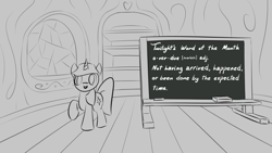 Size: 1920x1080 | Tagged: safe, artist:purblehoers, imported from derpibooru, twilight sparkle, pony, unicorn, chalk, chalkboard, golden oaks library, interior, looking at you, raised hoof, sketch, smiling, solo, text, unicorn twilight