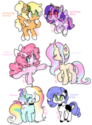 Size: 2208x3000 | Tagged: safe, artist:cutiesparke, imported from derpibooru, applejack, fluttershy, pinkie pie, rainbow dash, rarity, twilight sparkle, cow, earth pony, hybrid, pegasus, pony, unicorn, alternate universe, arm fluff, bow, chest fluff, choker, coat markings, crossed hooves, curved horn, description is relevant, ear fluff, ear tufts, earth pony rainbow dash, earth pony rarity, eyes closed, female, flapplejack, goggles, gradient mane, hair bow, horn, leaves, leaves in hair, mane six, mare, markings, pegasus twilight sparkle, pointing, race swap, raised hoof, raricow, simple background, socks (coat markings), species swap, spread wings, unicorn fluttershy, unicorn pinkie pie, white background, wings