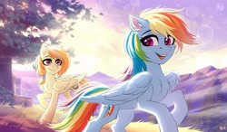 Size: 3200x1875 | Tagged: safe, artist:hakaina, imported from derpibooru, rainbow dash, oc, pegasus, pony, duo, pegasus oc, wings