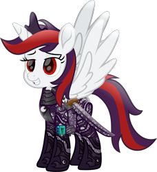 Size: 6195x6797 | Tagged: safe, artist:lincolnbrewsterfan, artist:vector-brony, imported from derpibooru, oc, oc only, oc:blackjack, alicorn, cyborg, pony, unicorn, fallout equestria, fallout equestria: project horizons, .svg available, 2019, 2023, absurd resolution, armor, artificial alicorn, cyber eyes, cyber legs, cybernetic legs, cyberpunk, delta pipbuck, eclipse, fanfic art, feathered wings, female, grin, happy, highlights, iconian armor, iconium, level 5 (iconium) (project horizons), lidded eyes, looking at something, looking forward, lunar eclipse, mare, moonlight eclipse (project horizons), movie accurate, rapier, redesign, redraw, remastered, show moviefied, simple background, smiling, solo, spread wings, standing, svg, sword, transparent background, upgrade, vector, weapon, wings