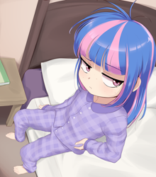 Size: 3332x3794 | Tagged: safe, artist:pestil, imported from twibooru, wind sprint, human, bed, bed hair, bedroom, book, clothes, feet, female, humanized, image, pajamas, png, sitting, solo