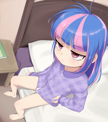 Size: 3332x3794 | Tagged: safe, artist:pestil, imported from twibooru, wind sprint, human, bed, bed hair, bedroom, book, clothes, feet, female, hand on hip, humanized, image, no pants, pajamas, panties, png, shirt, sitting, solo, thighs, underwear, white panties