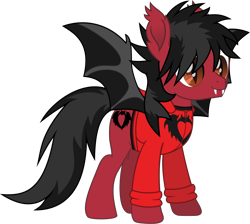 Size: 1418x1269 | Tagged: safe, artist:lightningbolt, derpibooru exclusive, imported from derpibooru, bat pony, pony, .svg available, bat wings, clandestine industries, clothes, ear fluff, emo, fall out boy, fangs, hair over one eye, hood, hoodie, male, movie accurate, pete wentz, ponified, shirt, simple background, slit pupils, smiling, solo, spread wings, stallion, standing, svg, transparent background, undershirt, vector, wings