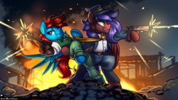 Size: 3840x2160 | Tagged: safe, artist:jedayskayvoker, imported from derpibooru, oc, oc only, oc:kladro, oc:vodorod, clothes, colored sketch, commission, epic, explosion, hat, looking at you, male, males only, necktie, pants, shirt, sketch, suit