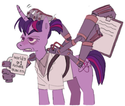 Size: 2048x1741 | Tagged: safe, artist:arrgh-whatever, imported from derpibooru, twilight sparkle, pony, unicorn, alternate versions at source, clipboard, clothes, inside job, lab coat, mug, reagan ridley, robotic arm, simple background, unicorn twilight, white background