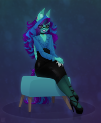 Size: 1776x2160 | Tagged: safe, artist:elektra-gertly, imported from derpibooru, oc, oc only, oc:star dust, anthro, pegasus, blouse, blue background, blue eyeshadow, blue lipstick, blue mane, blue tail, choker, clothes, commission, corset, crossed arms, crossed legs, ear piercing, earring, eyelashes, eyeliner, eyeshadow, femboy, folded wings, furniture, glasses, green eyes, high heels, hobble skirt, jewelry, latex, latex skirt, lipstick, long hair male, long mane, long mane male, long nails, long tail, looking at you, loose hair, makeup, male, metal claws, pantyhose, pegasus oc, piercing, platform heels, platform shoes, purple background, purple mane, purple tail, reflection, shoes, simple background, skirt, smiling, smirk, smug, solo, tail, teal wings, two toned hair, two toned mane, two toned tail, wings