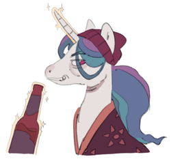 Size: 2048x1912 | Tagged: safe, artist:arrgh-whatever, imported from derpibooru, princess celestia, pony, beanie, beer bottle, bottle, hat, inside job, magic, rand ridley, simple background, solo, white background