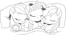 Size: 1528x832 | Tagged: safe, artist:nauyaco, imported from derpibooru, applejack, rainbow dash, twilight sparkle, pony, appledashlight, eyes closed, female, lesbian, monochrome, polyamory, shipping, sleeping