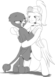 Size: 1003x1389 | Tagged: safe, artist:nauyaco, imported from derpibooru, oc, oc:ardent heart, griffon, pony, armor, bipedal, female, male, monochrome, shipping, straight