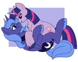 Size: 869x692 | Tagged: safe, artist:lulubell, imported from derpibooru, princess luna, twilight sparkle, unicorn, bedroom eyes, boop, cuddling, female, freckles, glasses, imminent kissing, lesbian, lidded eyes, looking at each other, looking at someone, noseboop, open mouth, open smile, s1 luna, shipping, smiling, twiluna, unicorn twilight, unshorn fetlocks