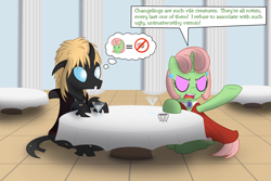 Size: 1500x1000 | Tagged: safe, artist:mightyshockwave, imported from derpibooru, oc, oc only, oc:coxa, oc:malady mystique, changeling, pony, unicorn, changeling oc, clothes, costume, david bowie, dress, eyeshadow, makeup, racism, table, thought bubble