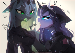 Size: 4093x2894 | Tagged: safe, artist:magnaluna, imported from derpibooru, princess luna, queen chrysalis, changeling, changeling queen, pony, angry, argument, behaving like a cat, clothes, constellation, crown, cute, cute little fangs, cutealis, drool, drool string, duo, duo female, ethereal mane, fangs, female, floppy ears, hissing, horn, horn ring, jacket, jewelry, lunabetes, madorable, majestic as fuck, necklace, regalia, ring, signature, simple background, slit pupils, white background