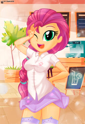 Size: 542x789 | Tagged: safe, artist:charliexe, imported from derpibooru, sunny starscout, human, equestria girls, cafe, cat socks, clothes, cute, equestria girls-ified, female, g5, g5 to equestria girls, generation leap, one eye closed, open mouth, open smile, peace sign, shirt, skirt, smiling, socks, solo, stockings, sunnybetes, thigh highs, wink