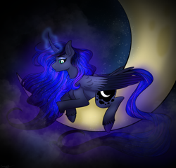 Size: 1528x1469 | Tagged: safe, artist:greenybeenie, imported from derpibooru, princess luna, alicorn, pony, cloud, crescent moon, ethereal mane, female, glowing, glowing horn, horn, lying down, mare, moon, night, prone, sky, solo, starry mane, stars, tangible heavenly object