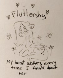 Size: 720x887 | Tagged: safe, artist:arrgh-whatever, imported from derpibooru, fluttershy, butterfly, pegasus, pony, flower, lying down, solo, traditional art