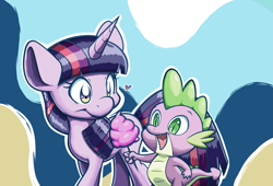 Size: 2653x1805 | Tagged: safe, artist:mightymetalk9, imported from derpibooru, spike, twilight sparkle, pony, unicorn, cotton candy, cute, duo, duo male and female, female, heart, high res, male, mare, open mouth, open smile, smiling, spikabetes, spikelove, unicorn twilight
