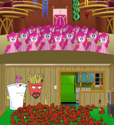 Size: 1280x1408 | Tagged: safe, imported from derpibooru, screencap, pinkie pie, too many pinkie pies, aqua teen hunger force, comparison, frylock, master shake, meatwad, multiple meat