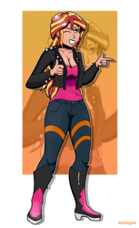 Size: 2640x4316 | Tagged: safe, artist:matttg04, imported from derpibooru, sunset shimmer, human, boots, breasts, cleavage, clothes, denim, female, finger gun, finger guns, grin, humanized, jacket, jeans, leather, leather jacket, one eye closed, pants, pointing, shoes, signature, smiling, solo, wink