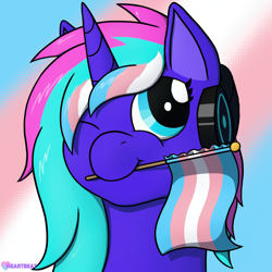 Size: 1000x1000 | Tagged: safe, artist:passionpanther, imported from derpibooru, oc, oc only, oc:heartbeat, pony, unicorn, headphones, pride, pride flag, pride month, solo, transgender, transgender oc, transgender pride flag