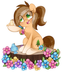 Size: 1000x1155 | Tagged: safe, artist:loyaldis, imported from derpibooru, oc, oc only, oc:amber evergreen, oc:buck evergreen, bird, earth pony, pony, coat markings, cute, eye clipping through hair, female, flower, log, mare, markings, open mouth, ponytail, raised hoof, rule 63, simple background, sitting, socks (coat markings), solo, transparent background, tree stump