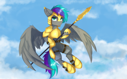 Size: 1920x1200 | Tagged: safe, artist:lunar froxy, imported from derpibooru, oc, oc only, oc:wubzy, pegasus, pony, armor, armored pony, chainmail, flying, helmet, solo, spear, weapon