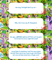 Size: 2045x2379 | Tagged: safe, imported from derpibooru, spike, twilight sparkle, alicorn, dragon, pony, claws, dialogue, dialogue box, english, event, female, folded wings, gameloft, horn, male, mare, mobile game, my little pony: magic princess, official, speech bubble, text, twilight sparkle (alicorn), winged spike, wings
