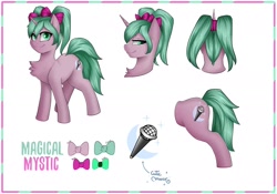Size: 2048x1431 | Tagged: safe, imported from derpibooru, oc, oc:magicalmysticva, oc:mystic moonlight, unicorn, bow, cute, microphone, pigtails, reference sheet, twintails