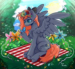 Size: 2048x1890 | Tagged: safe, imported from derpibooru, oc, oc:darknightprincess, oc:scarlet moonlight, bird, pegasus, pony, bow, female, flower, flower in hair, mare, outdoors, red mane, spring