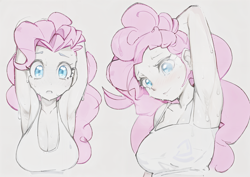 Size: 1984x1408 | Tagged: artist needed, safe, edit, imported from derpibooru, pinkie pie, human, arm behind head, armpits, big breasts, breasts, busty pinkie pie, cleavage, humanized, looking at you, partial color, sketch, sweat, sweating profusely
